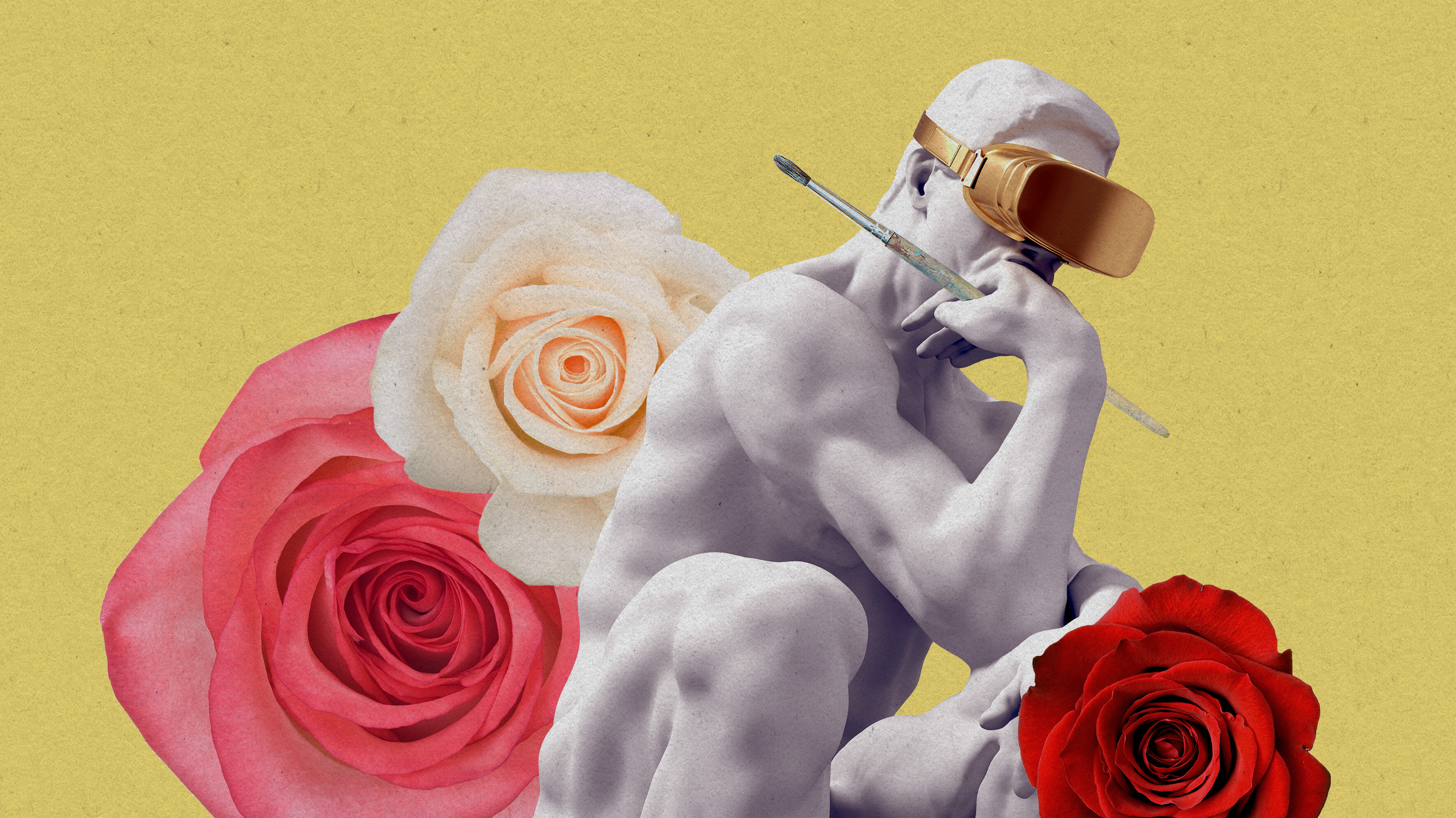 Thinker sculpture holding a paintbrush, wearing VR goggles and surrounded by roses.