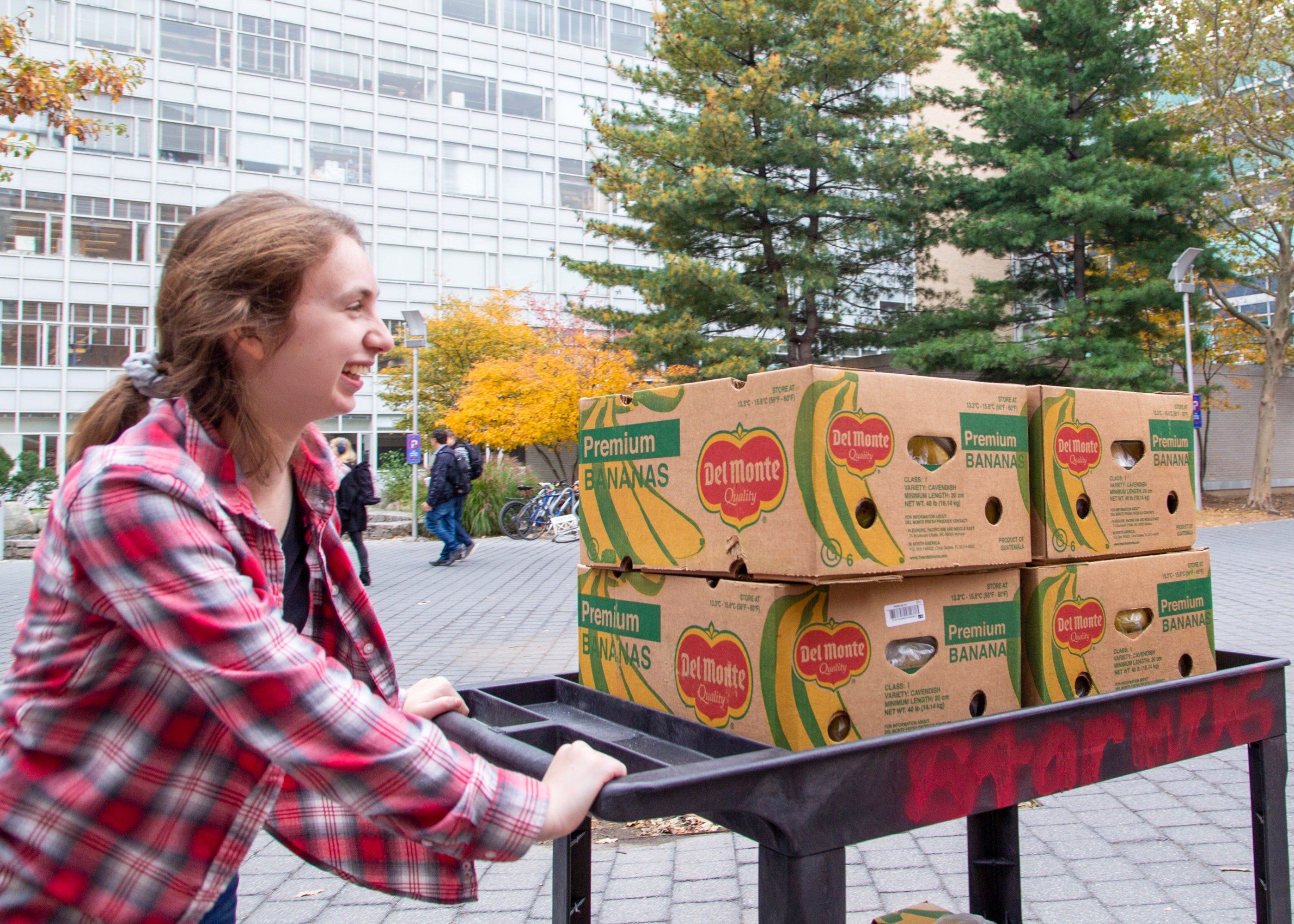 Nicole Teichner pushes a a cart with four boxes of bananas