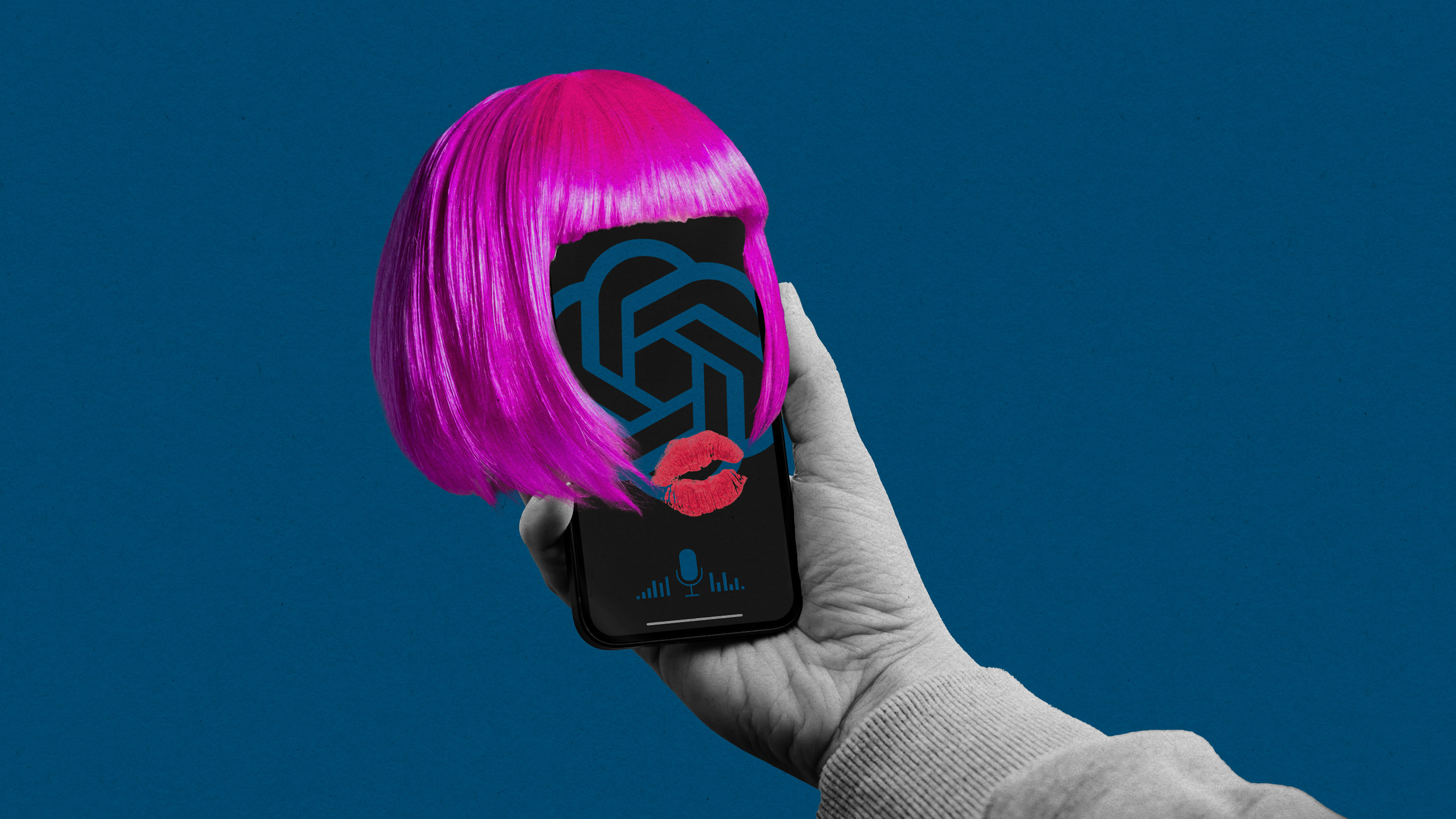 person holding a phone wearing a wig with lipstick. The screen shows the OpenAi logo and voice icon