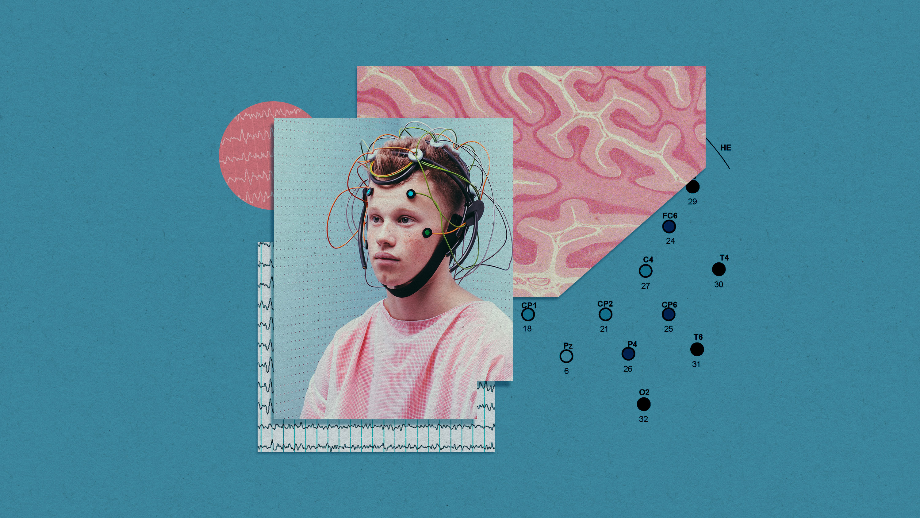 collage of teenage boy wearing an eeg cap with cross section of brain, brain waves, and electrode diagram