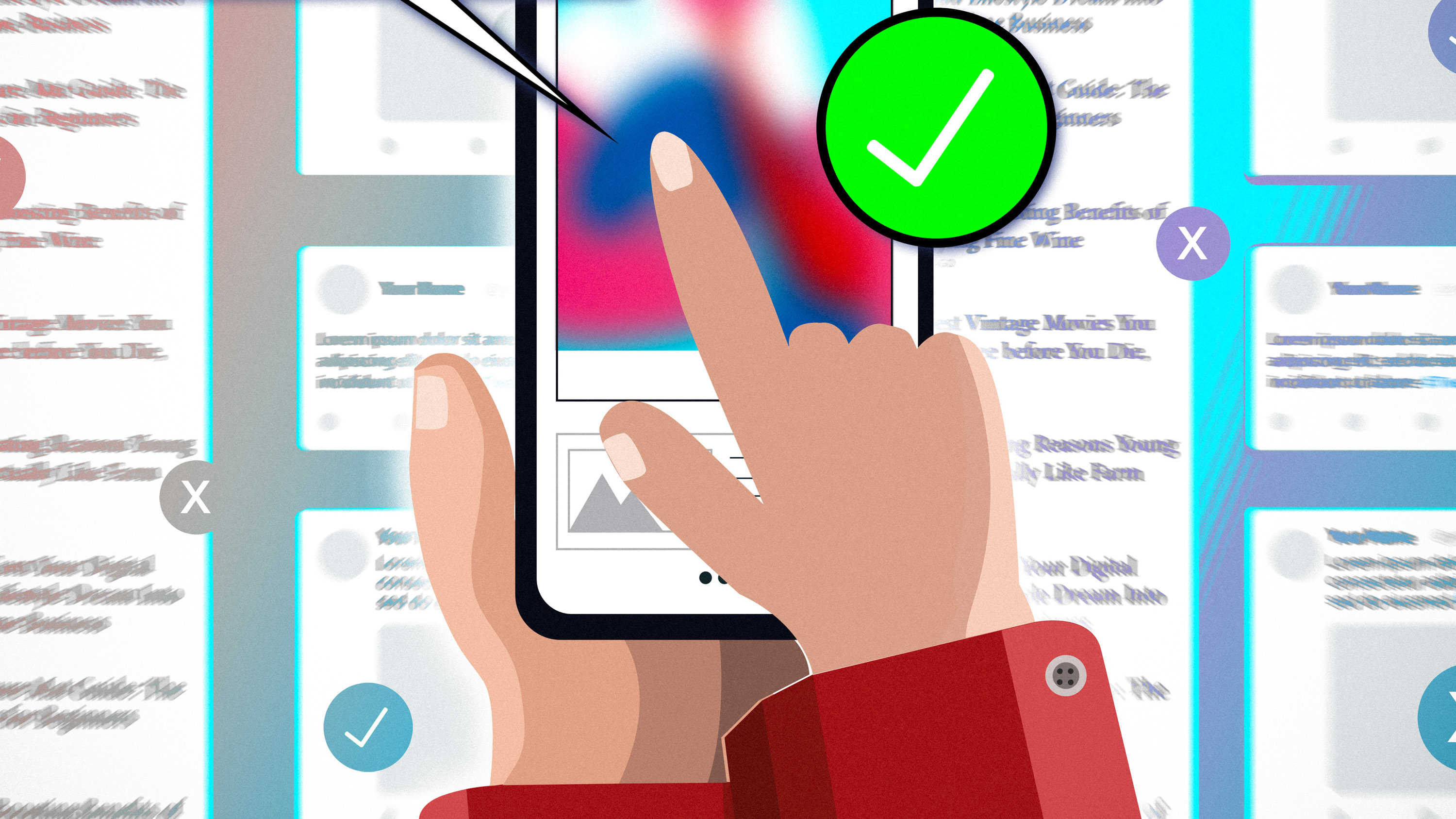 illustration of hands touching a phone screen with a green checkmark