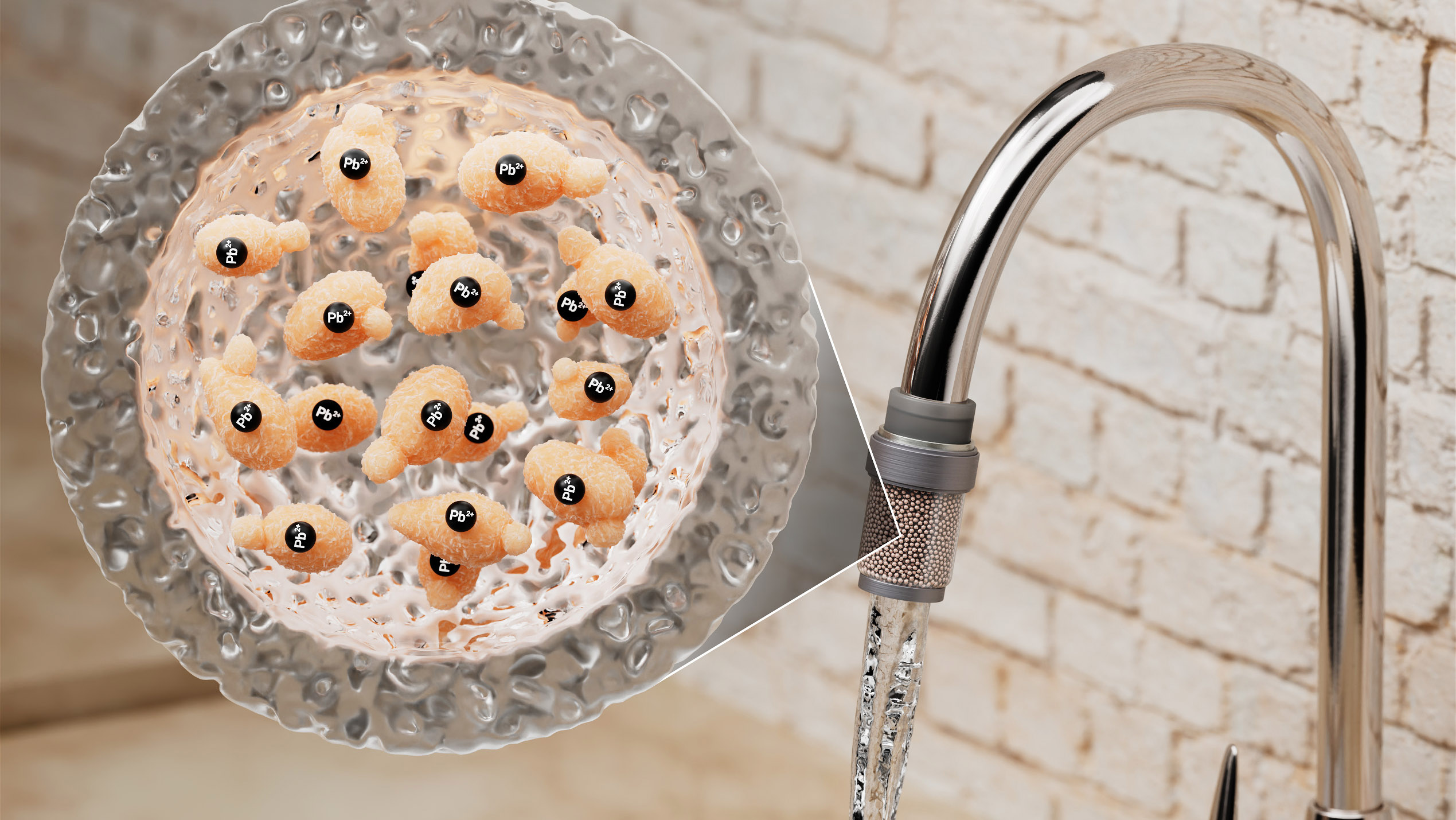 image of a running kitchen faucet with an inset illustration of yeast cells