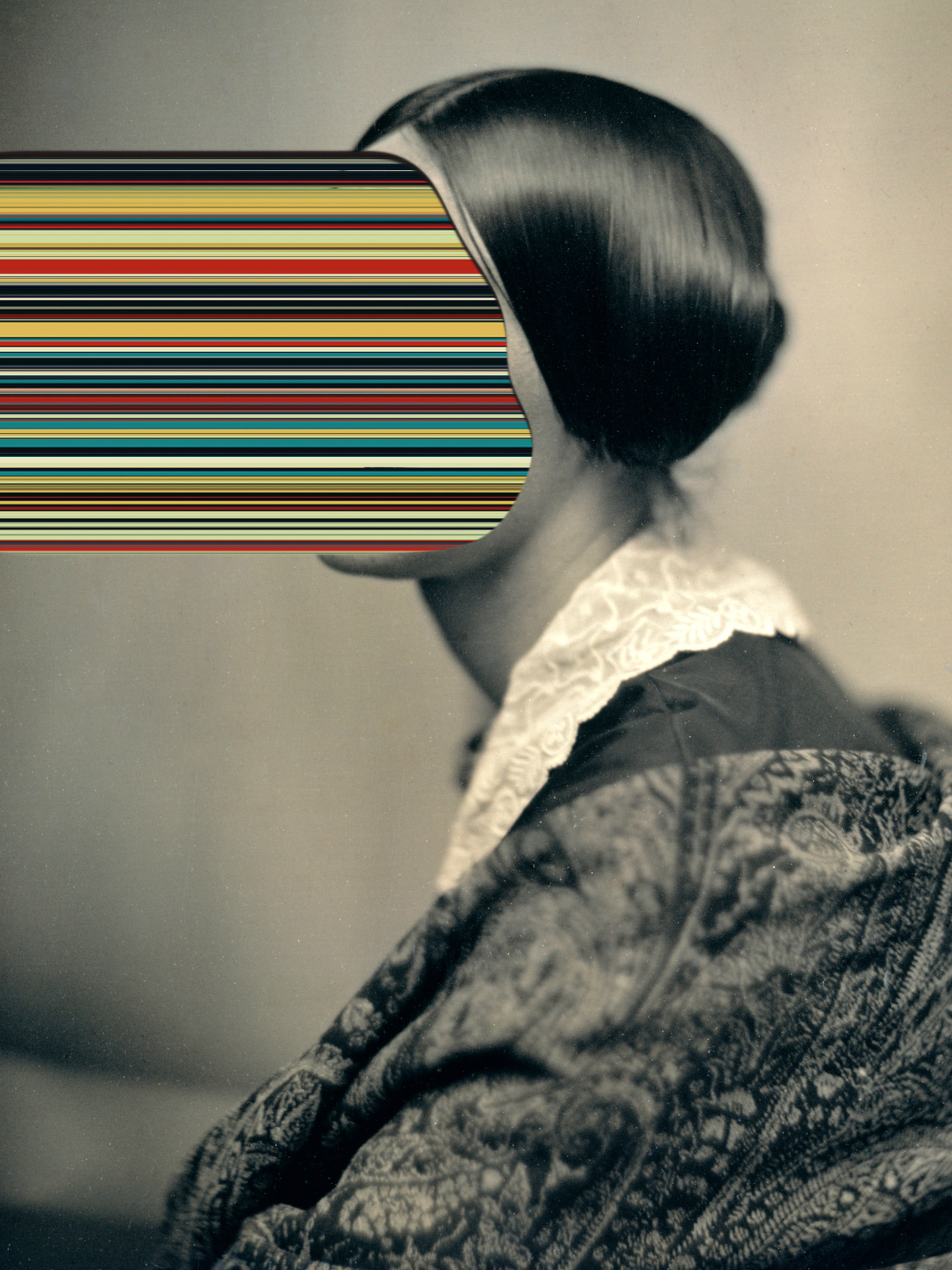 antique photo of a woman with stream of color emitting from where her face would be